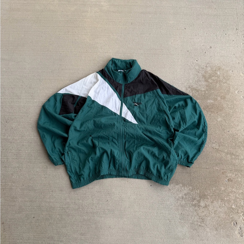 Vintage 90’s Reebok Windbreaker Full Zip Nylon Hooded Track Jacket Green Black L